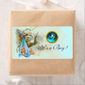 コウノトリ男の赤ちゃんシャワーティール（緑がかった色）ブルージェムモノグラム ラベル (インサイチュ)