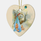 コウノトリ男の赤ちゃんシャワーハートモノグラムブルーサファイア セラミックオーナメント (左)