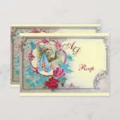 コウノトリ男の赤ちゃんシャワーバラと青い花 招待状 (正面/裏面)