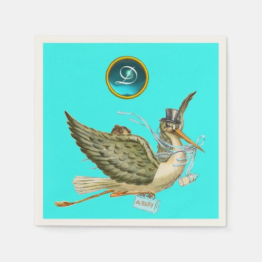 コウノトリ男の赤ちゃんシャワーブルージェムストーンモノグラム スタンダードカクテルナプキン (正面)