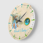 コウノトリ男の赤ちゃんシャワーブルージェムストーンモノグラム ラージ壁時計 (傾斜)