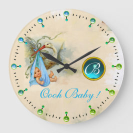 コウノトリ男の赤ちゃんシャワーブルージェムストーンモノグラム ラージ壁時計