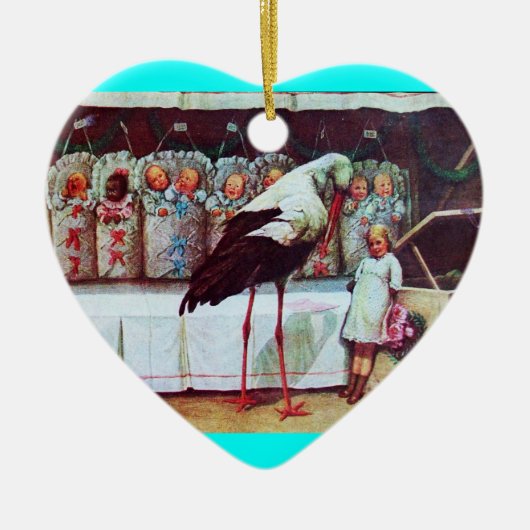 コウノトリ男の赤ちゃんシャワーモノグラムブルーアクアマリン セラミックオーナメント (正面)