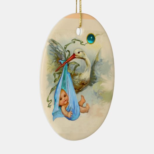 コウノトリ男の赤ちゃんシャワーモノグラムブルーサファイア セラミックオーナメント (右)