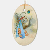 コウノトリ男の赤ちゃんシャワーモノグラムブルーサファイア セラミックオーナメント (左)