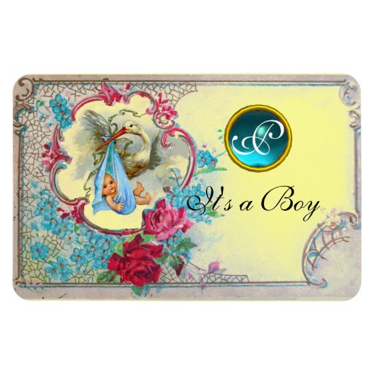 コウノトリ男の赤ちゃんシャワーモノグラム、イエロー マグネット (横)