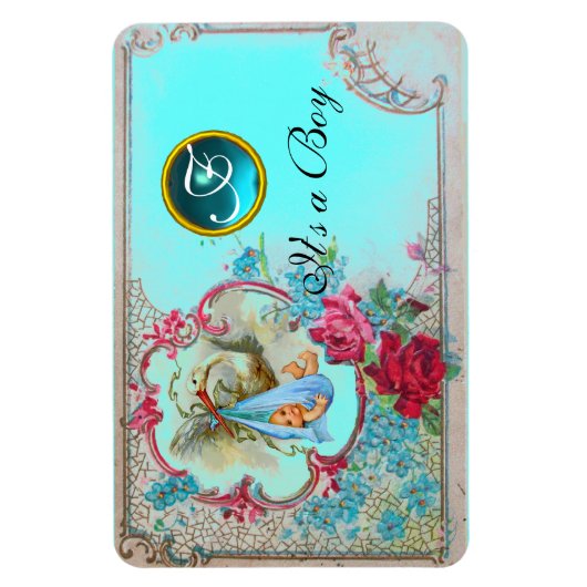 コウノトリ男の赤ちゃんシャワーモノグラム マグネット (縦)