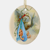 コウノトリ男の赤ちゃんシャワー2モノグラムブルーサファイア セラミックオーナメント (右)