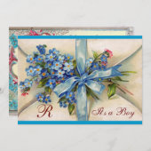 コウノトリ男の赤ちゃんシャワー/ブルーボウ、花モノグラム 招待状 (正面/裏面)