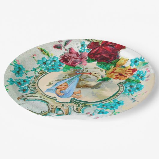 コウノトリ男の赤ちゃんシャワー ペーパープレート (アングル)