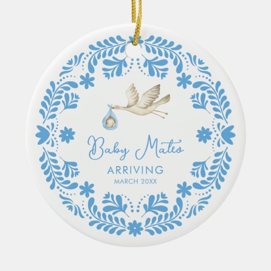 コウノトリ男の赤ちゃん誕生発表クリスマス セラミックオーナメント (正面)