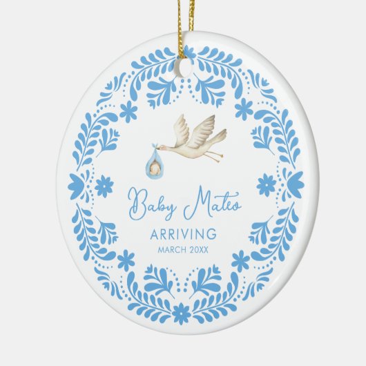 コウノトリ男の赤ちゃん誕生発表クリスマス セラミックオーナメント (左)