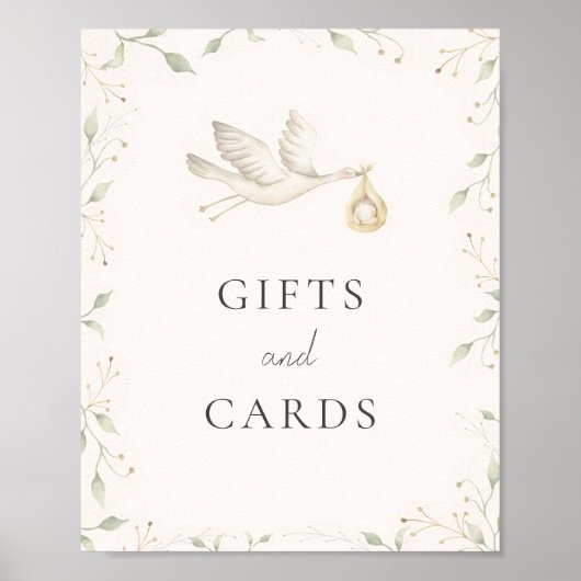 コウノトリ緑の赤ちゃんシャワーのギフトとカードのサイン ポスター (正面)