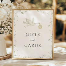 コウノトリ緑の赤ちゃんシャワーのギフトとカードのサイン