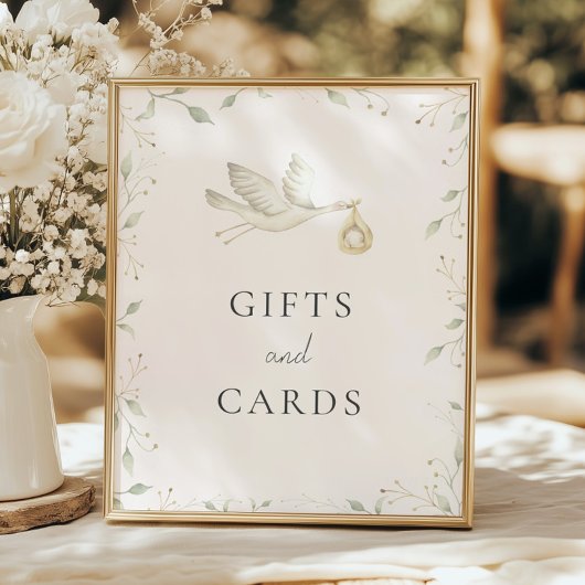 コウノトリ緑の赤ちゃんシャワーのギフトとカードのサイン ポスター