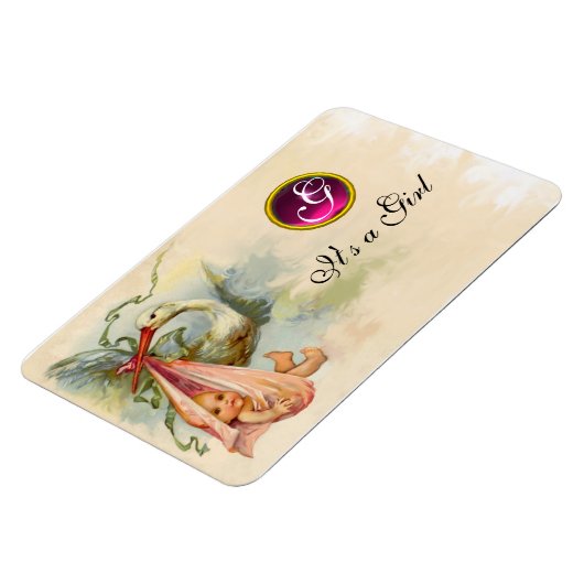 コウノトリ赤ちゃんガールシャワーモノグラム マグネット (左側)