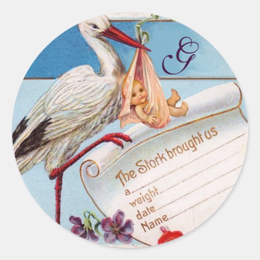 コウノトリ赤ちゃんガールシャワーモノグラム ラウンドシール (正面)