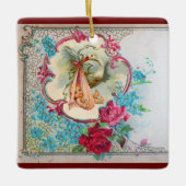 コウノトリ赤ちゃんガールシャワー2ピンクアメジスト セラミックオーナメント (正面)