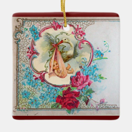 コウノトリ赤ちゃんガールシャワー2ピンクアメジスト セラミックオーナメント (正面)