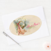 コウノトリ赤ちゃんガールシャワー 楕円形シール (封筒)