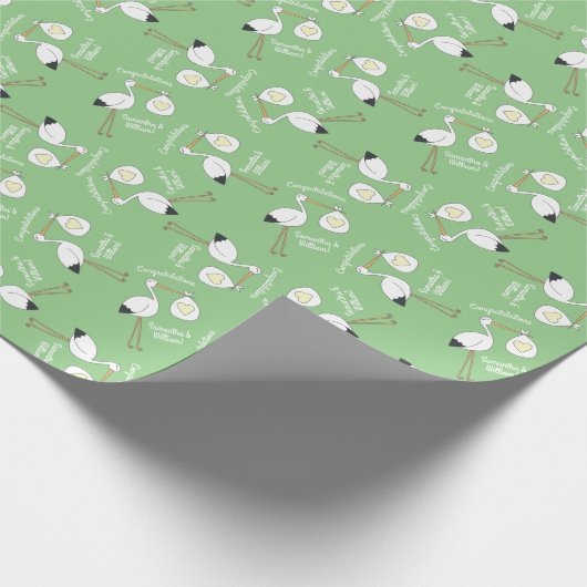 コウノトリ赤ちゃんシャワーグリーン男女兼用 ラッピングペーパー (角)