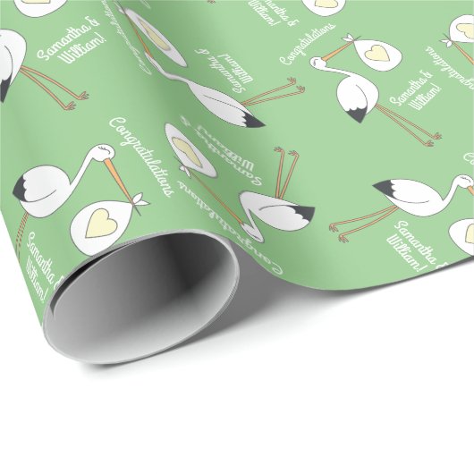 コウノトリ赤ちゃんシャワーグリーン男女兼用 ラッピングペーパー (ロールコーナー)