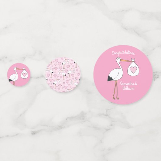 コウノトリ赤ちゃんシャワーピンクの女の子かわいい漫画 コンフェッティ (裏面)