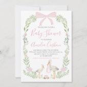 コウノトリ赤ちゃんシャワーピンク名門私立校風のの南の少女 招待状 (正面)