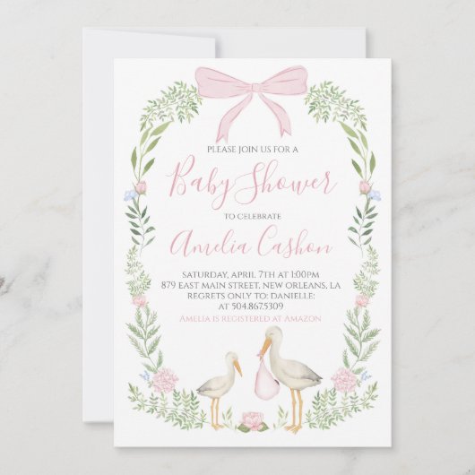 コウノトリ赤ちゃんシャワーピンク名門私立校風のの南の少女 招待状 (正面)