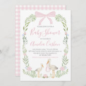 コウノトリ赤ちゃんシャワーピンク名門私立校風のの南の少女 招待状 (正面/裏面)