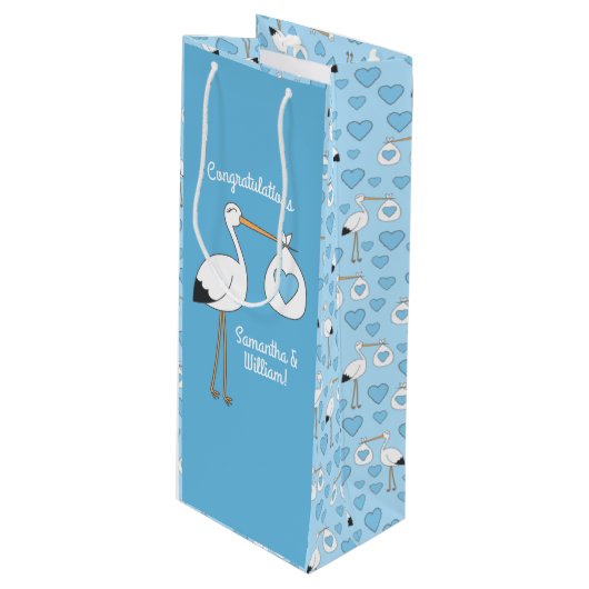 コウノトリ赤ちゃんシャワーブルーボーイ ワインギフトバッグ (正面アングル)