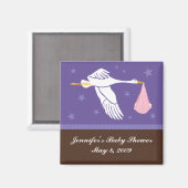 コウノトリ赤ちゃんシャワーマグネット – 紫/茶色 マグネット (正面/裏面)