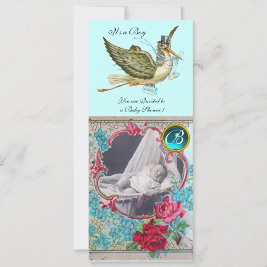 コウノトリ赤ちゃんシャワーモノグラム写真テンプレート 招待状 (正面)