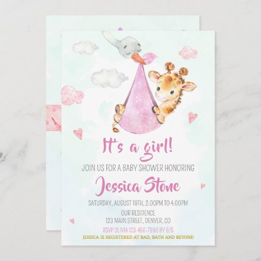 コウノトリ赤ちゃんシャワー招待キリンパーティー招待状 招待状 (正面/裏面)