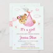 コウノトリ赤ちゃんシャワー招待ベビーベア招待状 招待状 (正面/裏面)