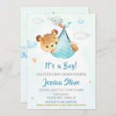 コウノトリ赤ちゃんシャワー招待少年ベビーベア 招待状 (正面/裏面)