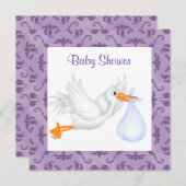 コウノトリ赤ちゃんシャワー招待状紫 招待状 (正面/裏面)