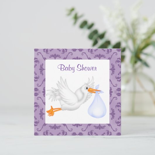 コウノトリ赤ちゃんシャワー招待状紫 招待状 (スタンド正面)