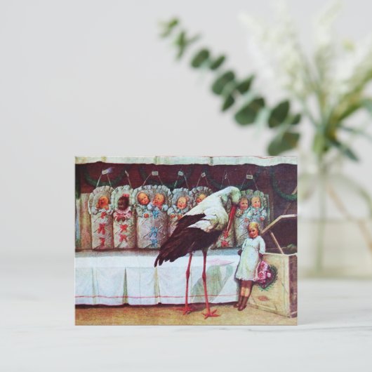 コウノトリ赤ちゃんシャワー新生児 インビテーションポストカード (スタンド正面)