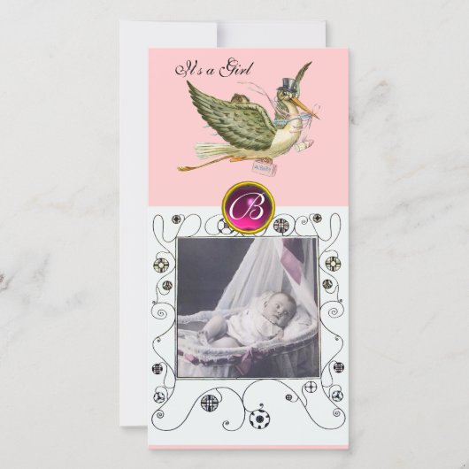 コウノトリ赤ちゃんシャワー渦巻きルビー白 案内状 (正面)