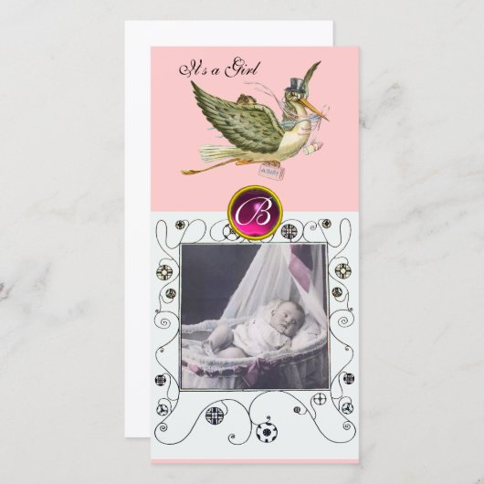 コウノトリ赤ちゃんシャワー渦巻きルビー白 案内状 (正面/裏面)