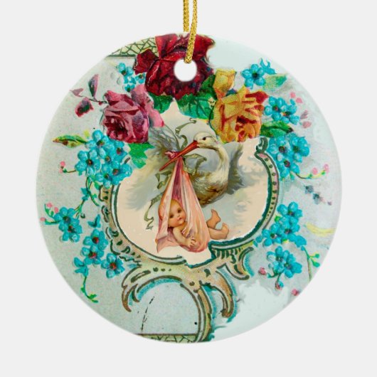 コウノトリ赤ちゃんシャワー2モノグラムレッドルビー セラミックオーナメント (正面)