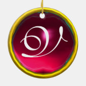 コウノトリ赤ちゃんシャワー2モノグラムレッドルビー セラミックオーナメント (裏面)