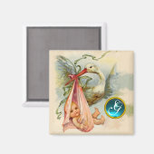 コウノトリ赤ちゃんシャワー2モノグラム,ターカーゼ マグネット (正面/裏面)