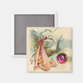 コウノトリ赤ちゃんシャワー2モノグラム、ルビー マグネット (正面/裏面)