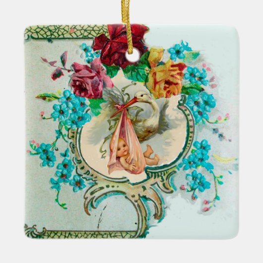 コウノトリ赤ちゃんシャワー2赤ルビー セラミックオーナメント (正面)