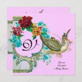 コウノトリ赤ちゃんシャワー3モノグラム、金ゴールドメタリック 招待状 (正面/裏面)