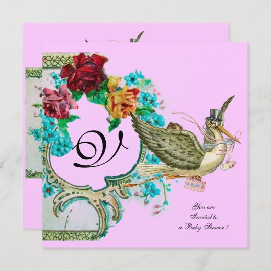 コウノトリ赤ちゃんシャワー3モノグラム、金ゴールドメタリック 招待状 (正面/裏面)