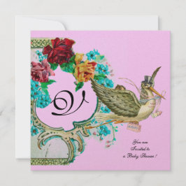 コウノトリ赤ちゃんシャワー3モノグラム、金ゴールドメタリック 招待状