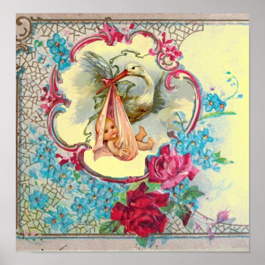 コウノトリ赤ちゃん女の子シャワーイエロー ポスター (正面)